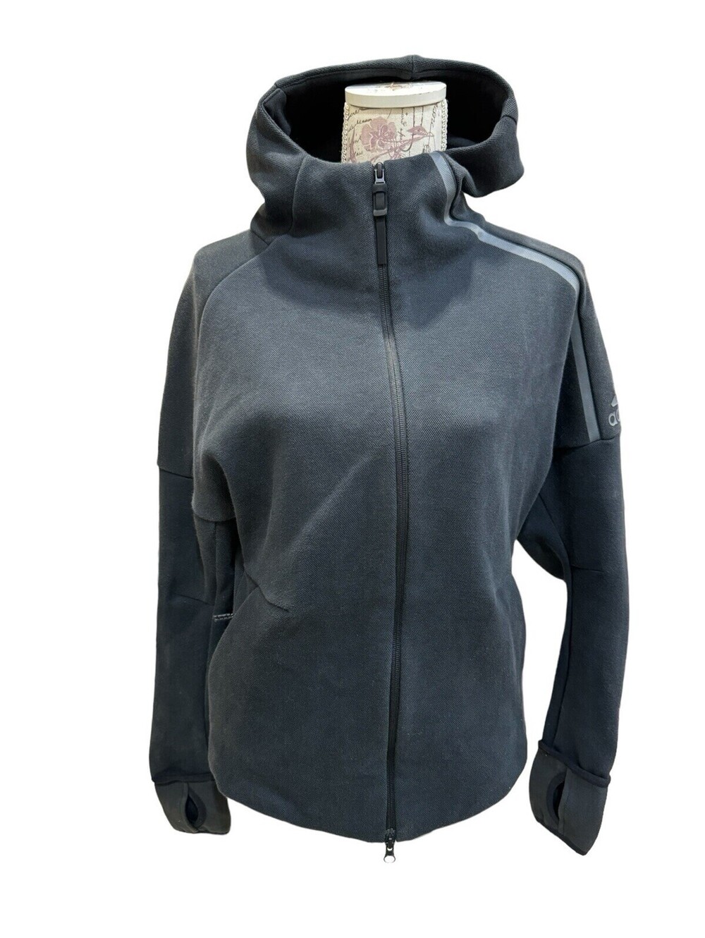 Women’s Adidas Heavy Woven Jacket With Thumb Holes, Hood, Zip Pockets Nice!